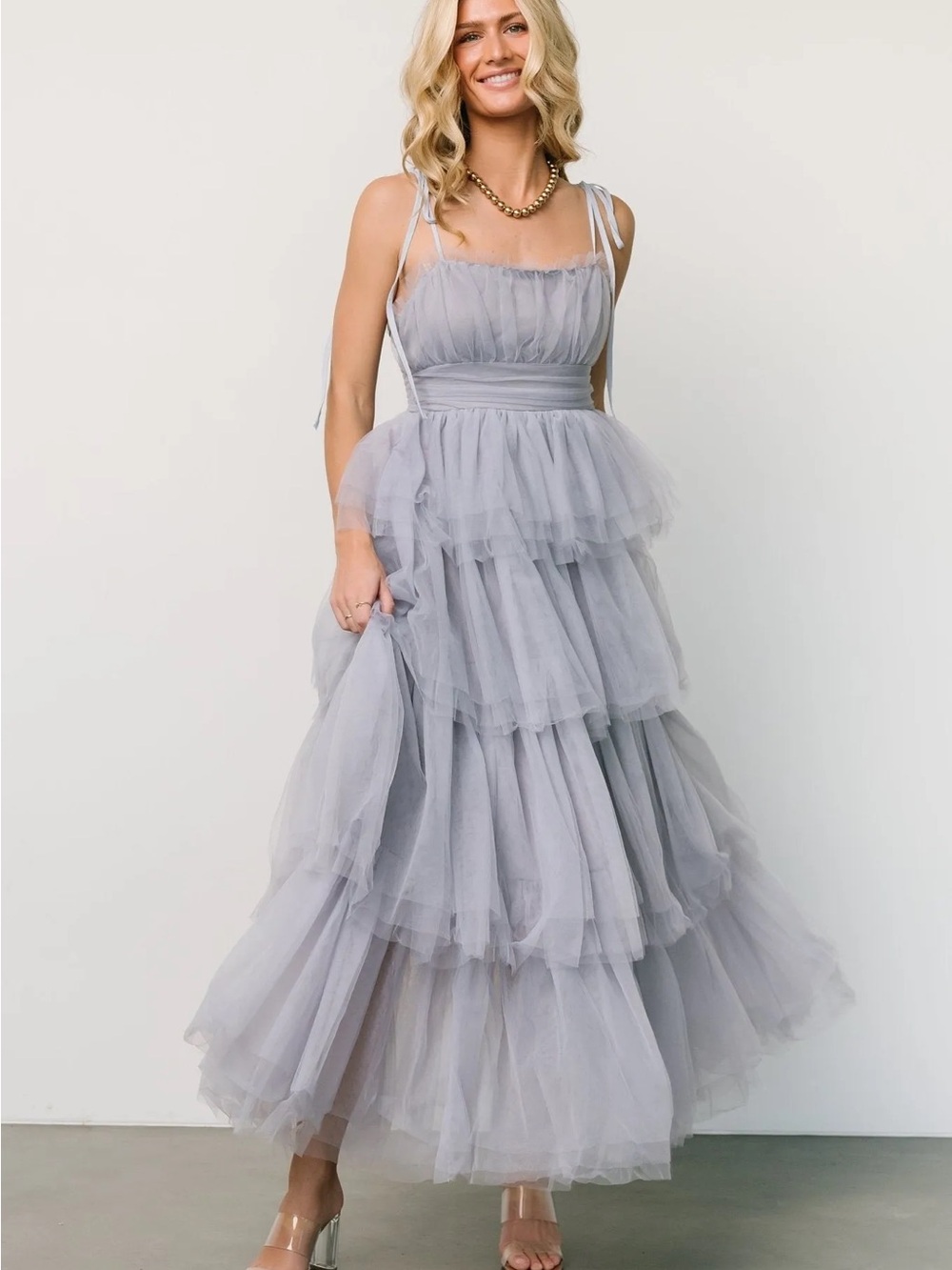 Baltic Born Light Gray Tiered Tulle Maxi Dress with Shoulder Ties